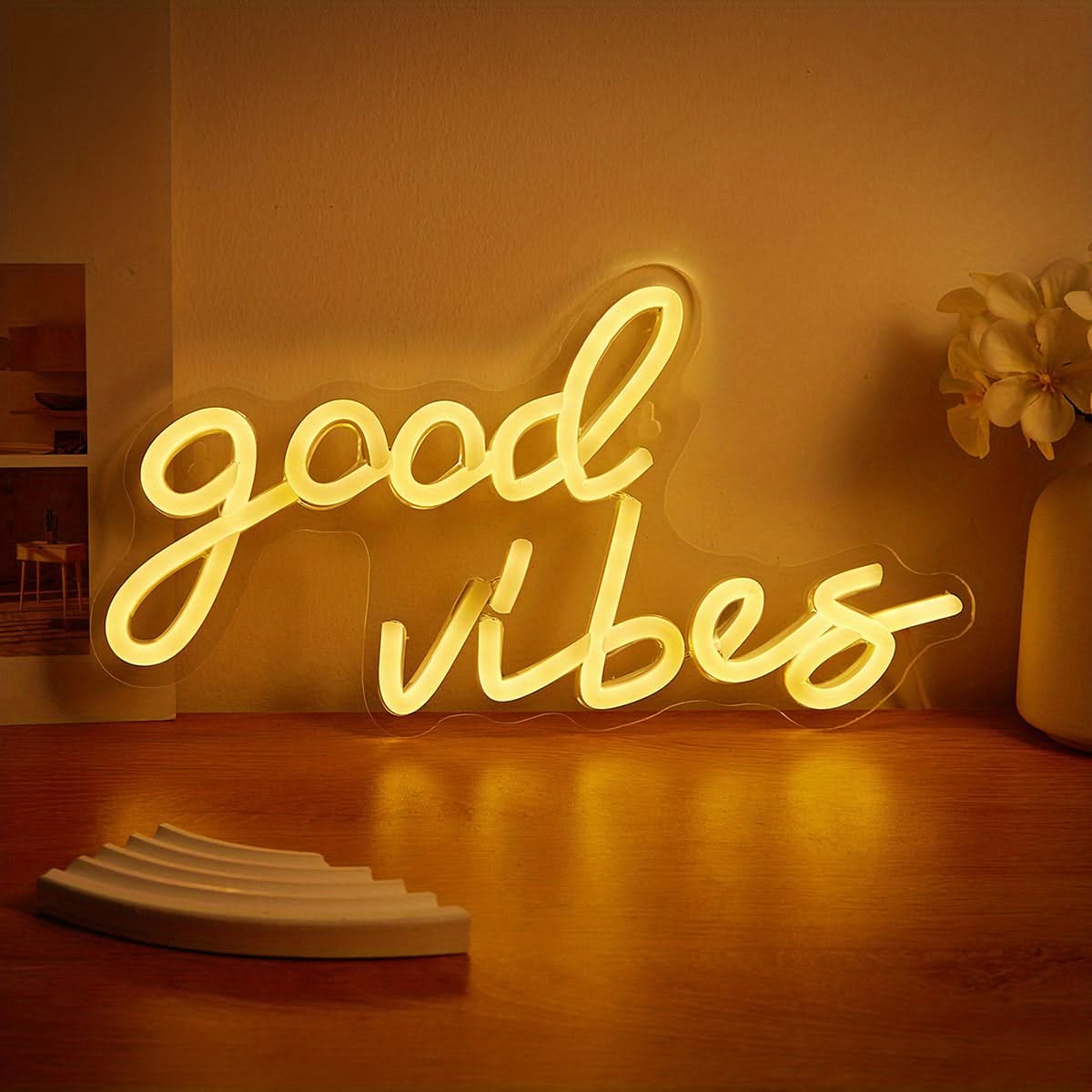 Good Vibes LED Neon Sign – Pink USB Wall Light in Cursive for Bedroom Decor