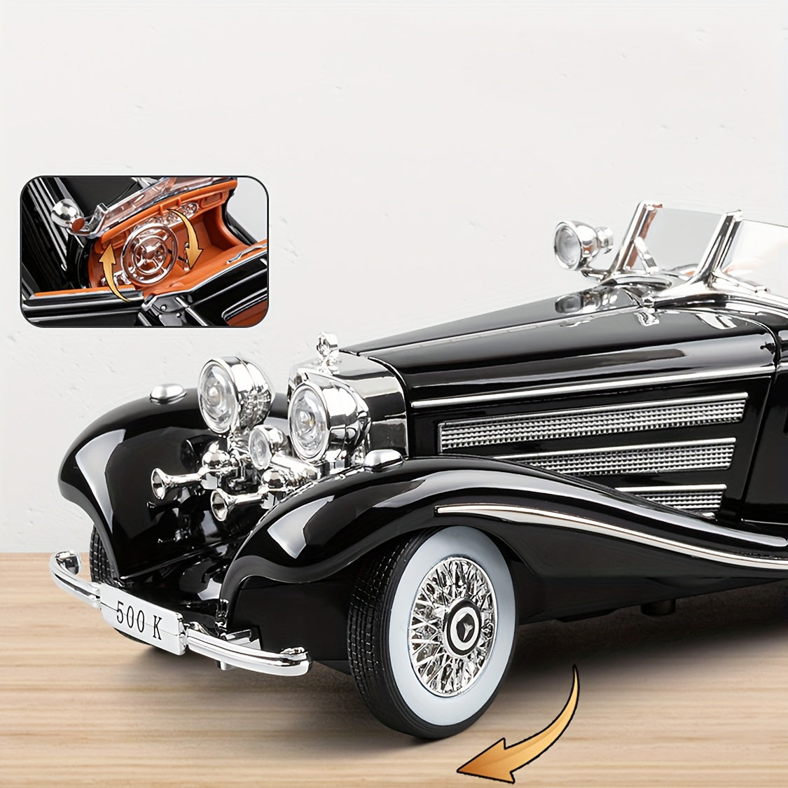 1:24 500K Vintage Convertible - Diecast Metal Car w/ Sound & Lights