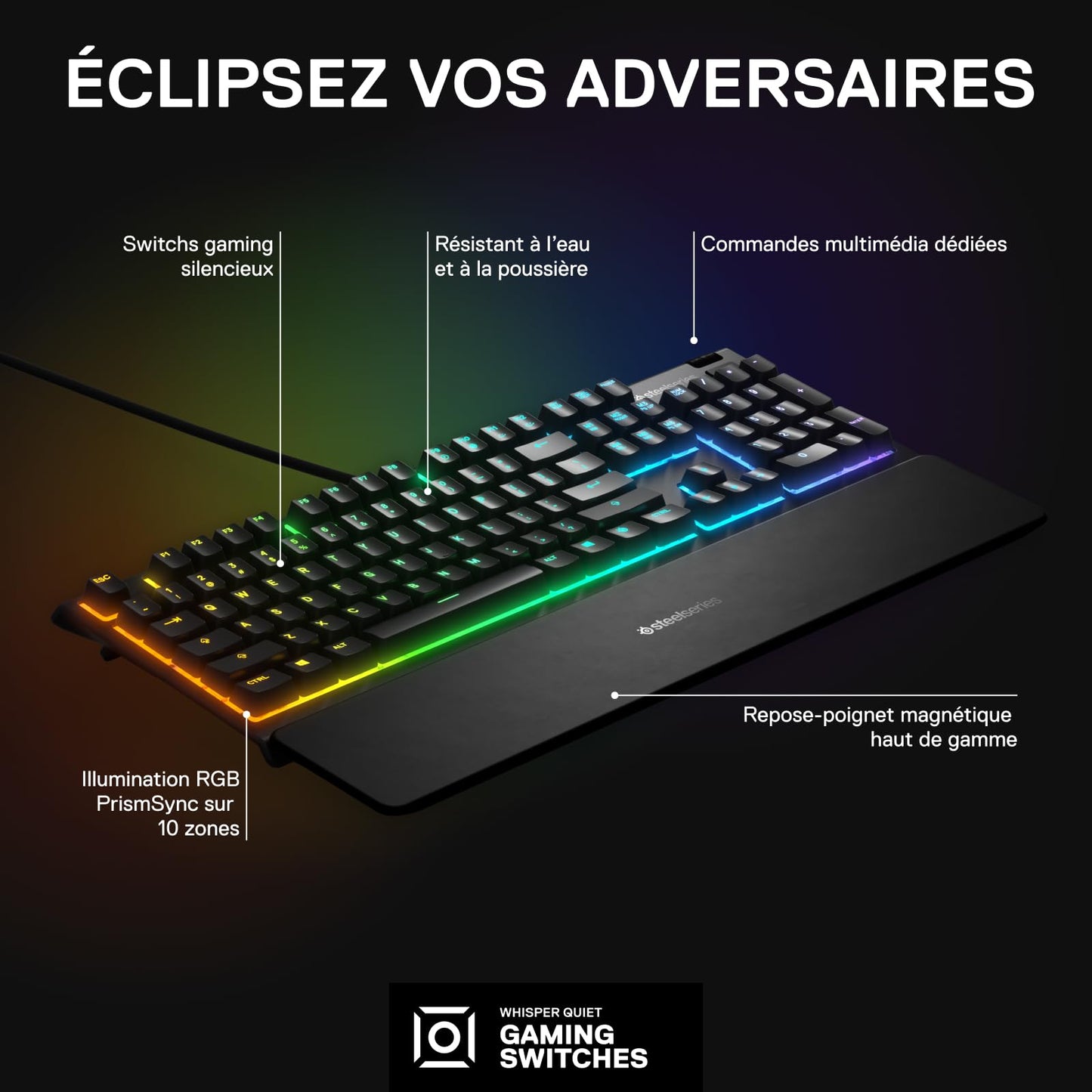 SteelSeries Apex 3 Clavier Gaming AZERTY RGB, Repose-Mains Magnétique