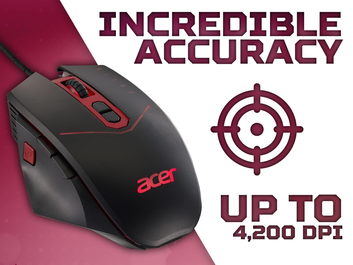 Acer Nitro Gaming Mouse, 4200 DPI, 8 Buttons, LED, 20g, USB, Black/Red