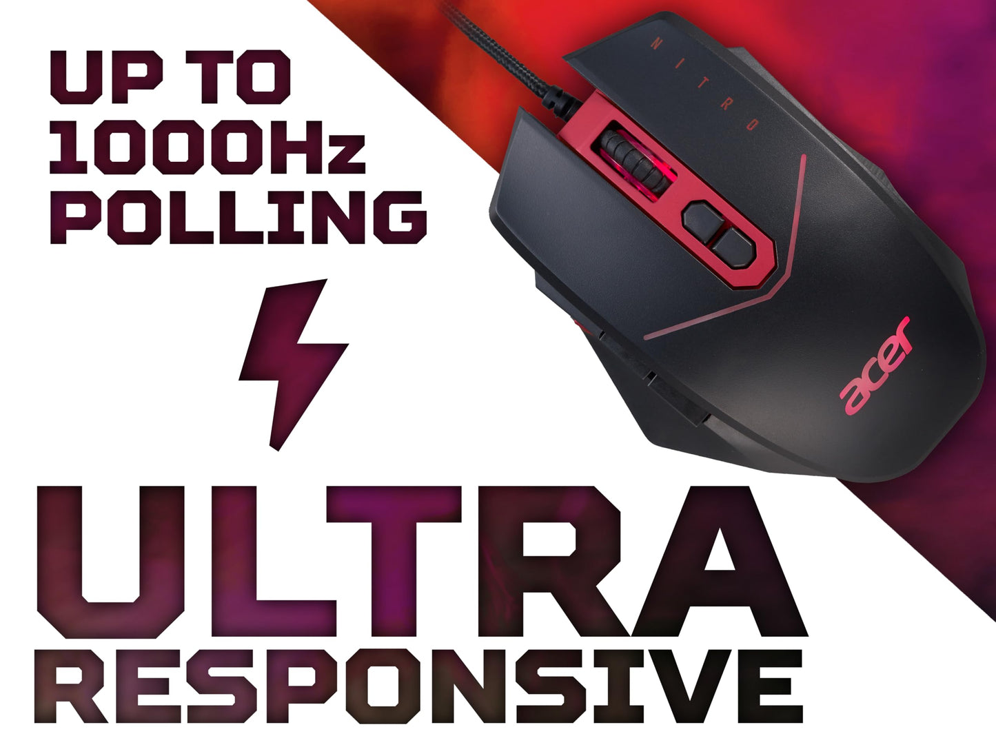 Acer Nitro Gaming Mouse, 4200 DPI, 8 Buttons, LED, 20g, USB, Black/Red