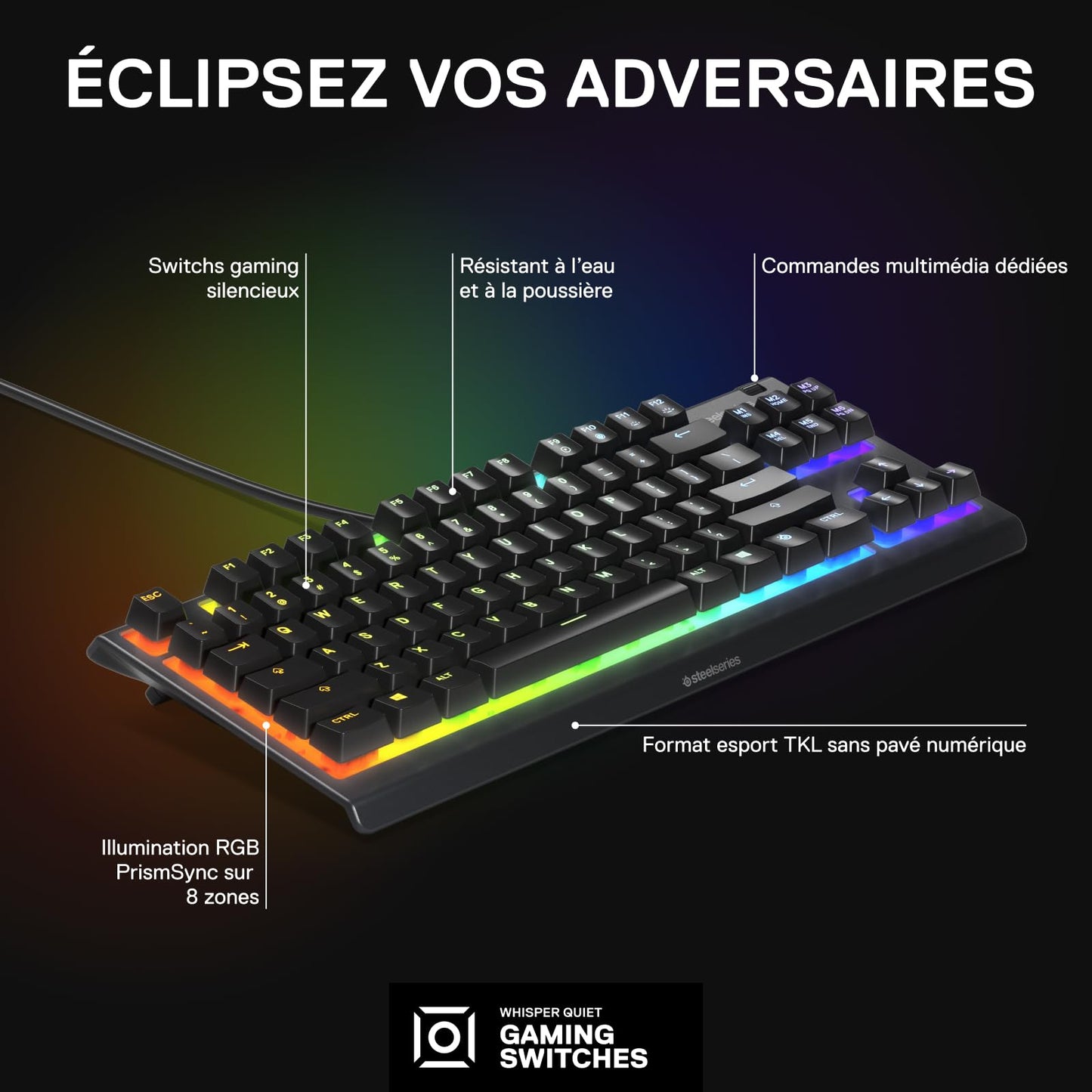 SteelSeries Apex 3 TKL Clavier Gaming AZERTY, RGB 8 Zones, Compact