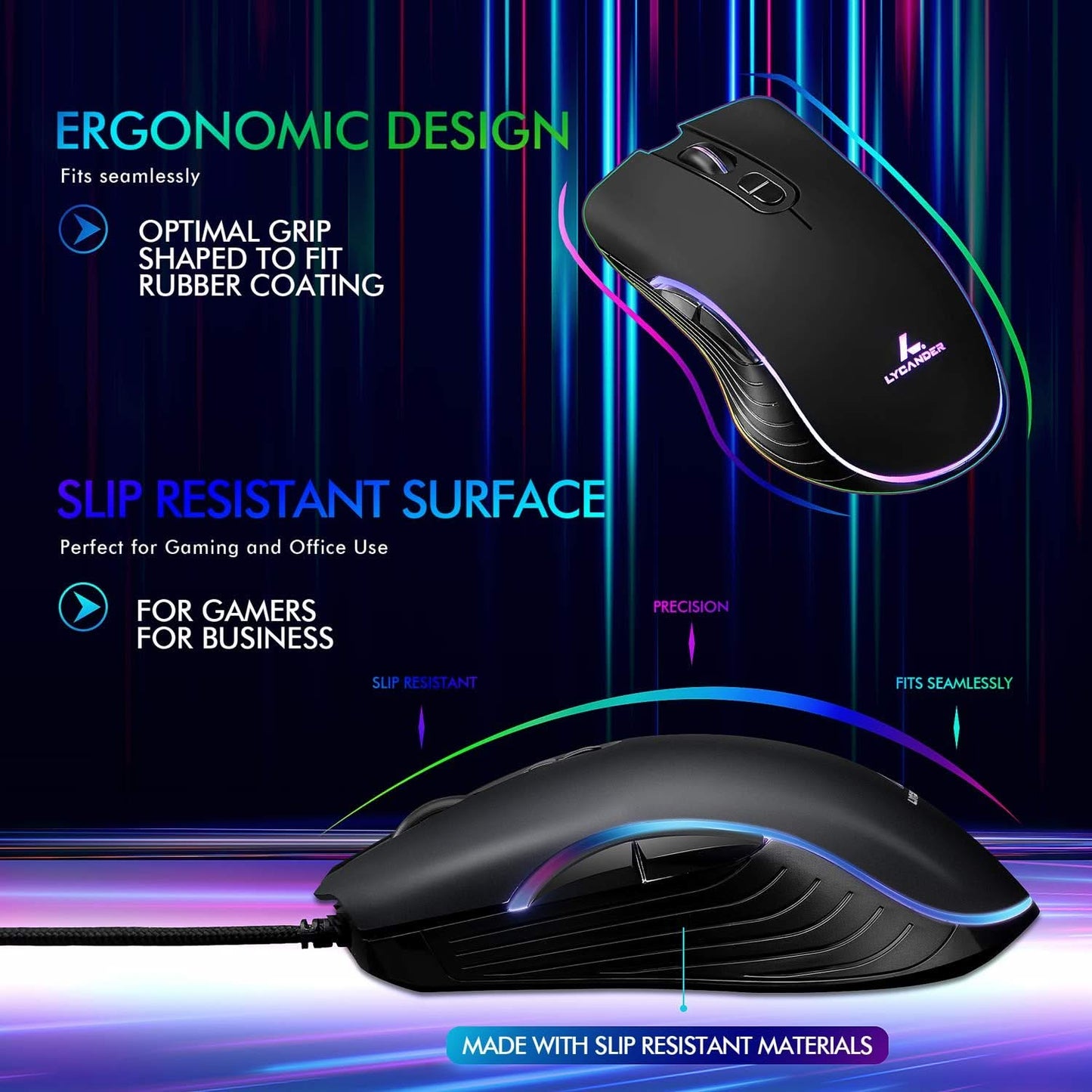 LYCANDER Wired Optical Mouse, 6400 DPI, 7 Buttons, LED, 1.5m Cable