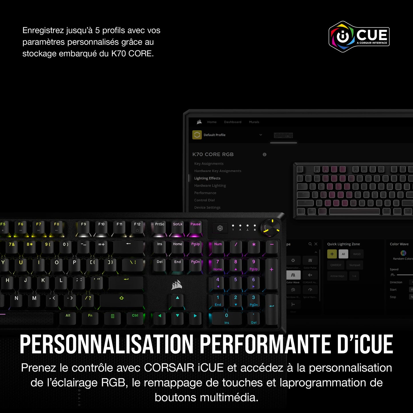 CORSAIR K70 CORE RGB Clavier Méca AZERTY, MLX Red, SOCD, Contrôle Média