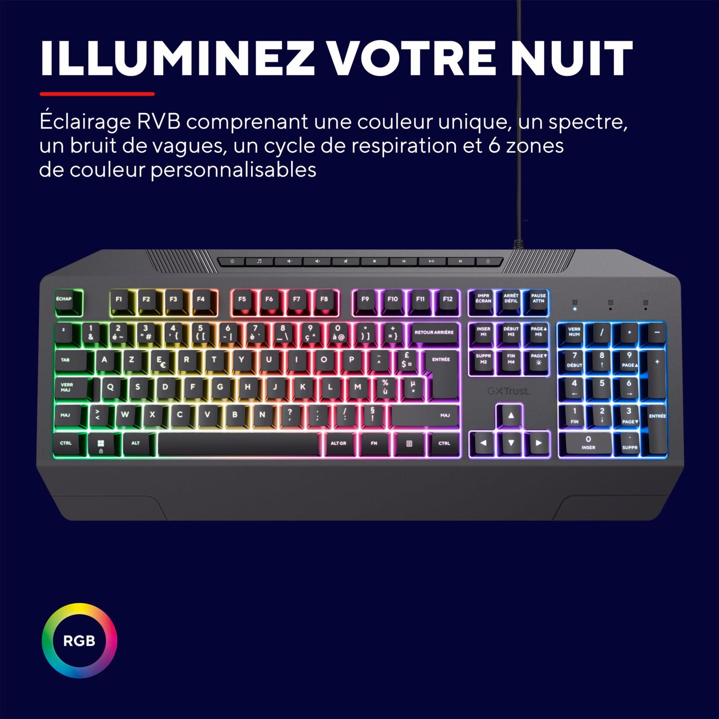 Trust GXT 836 RGB Gaming Keyboard, AZERTY, USB, LED, PC