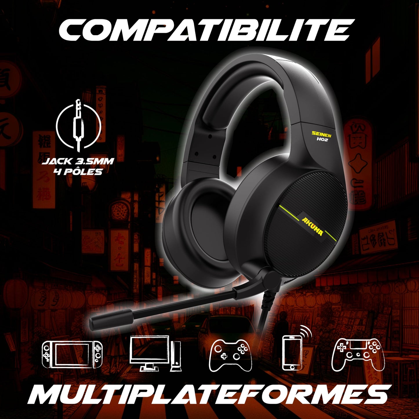 AKUMA SEINEN H02 - Casque Gaming avec Basses Profondes, Noir