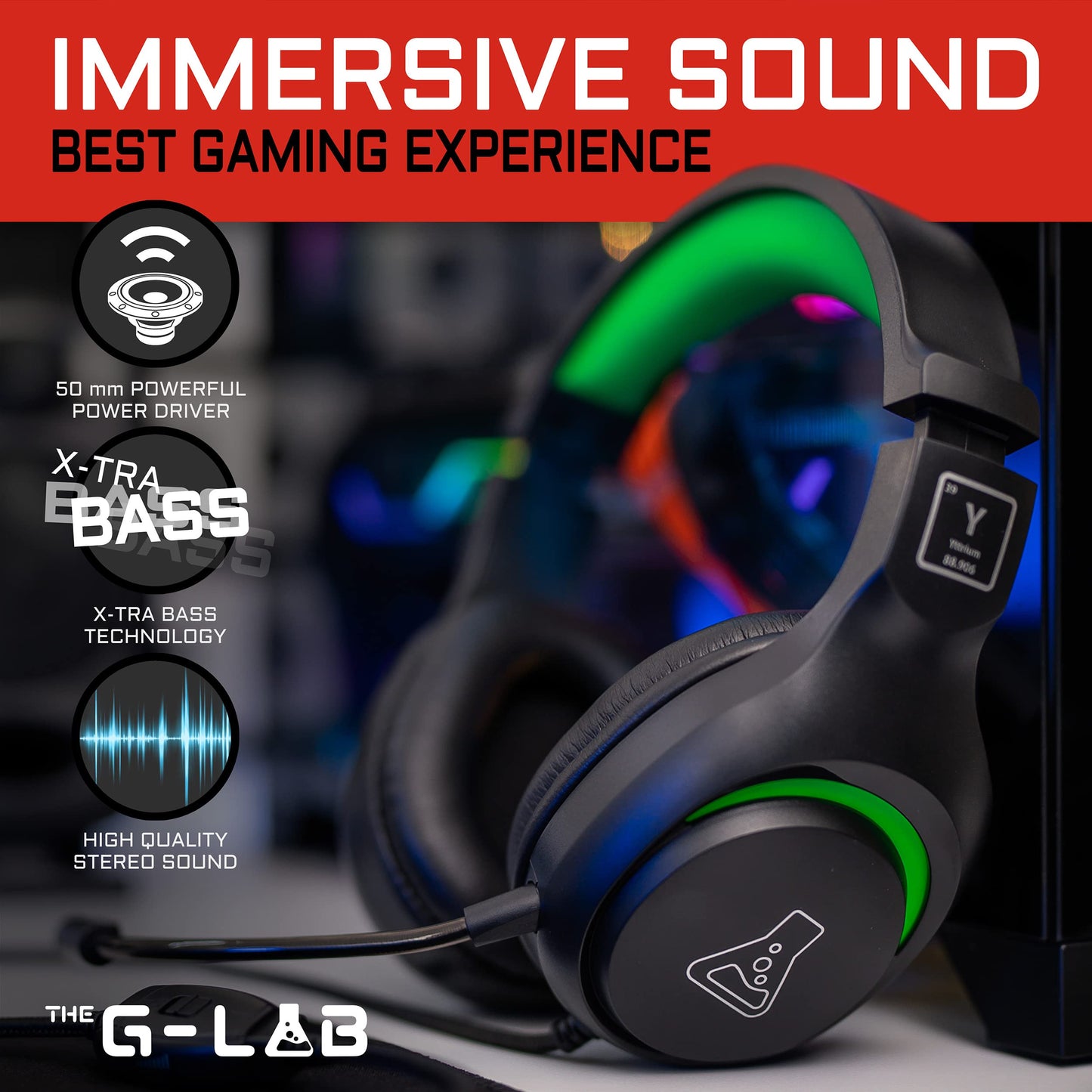 G-Lab Korp Yttrium - Gaming Headset for PC/PS5/Xbox, Stereo Bass