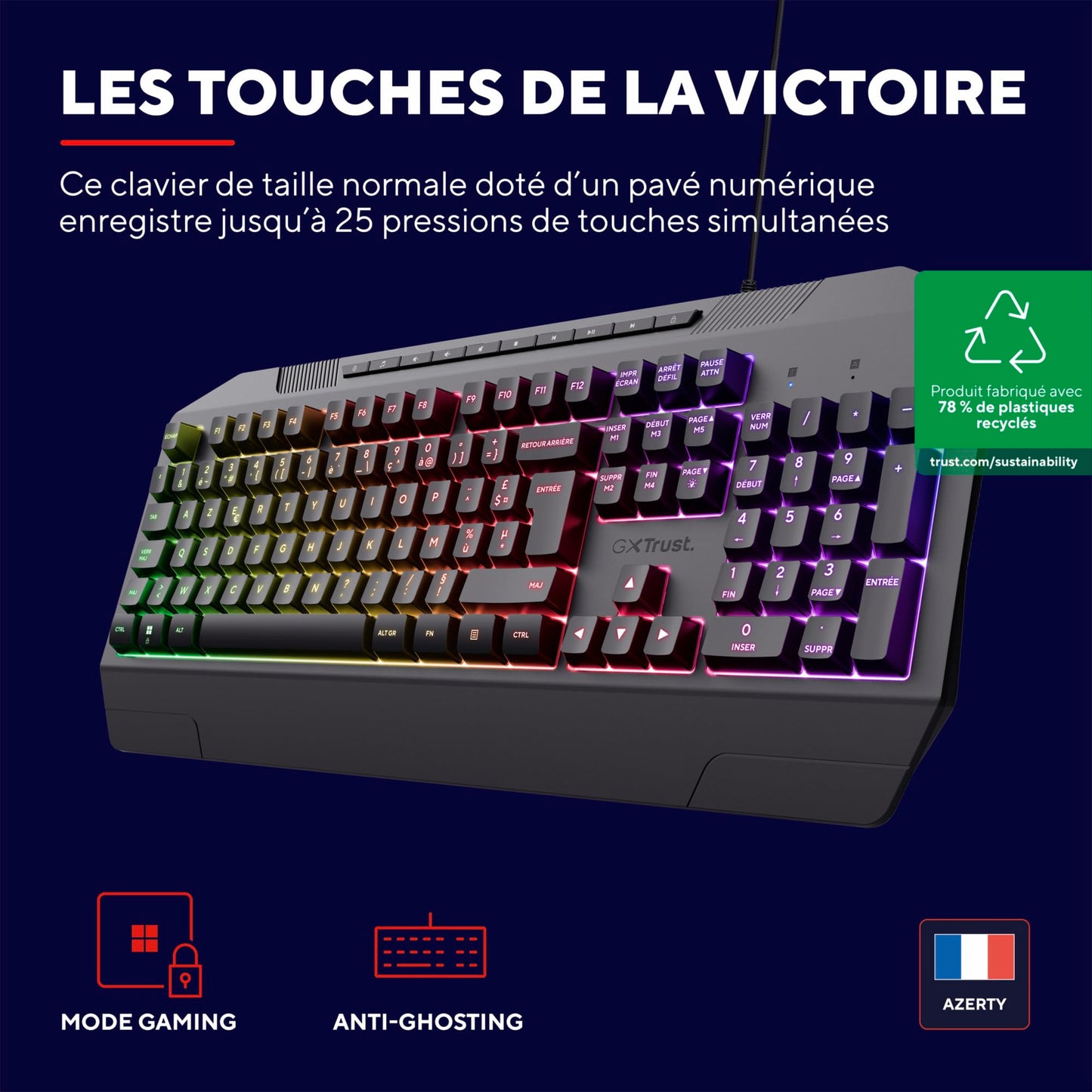 Trust GXT 836 RGB Gaming Keyboard, AZERTY, USB, LED, PC