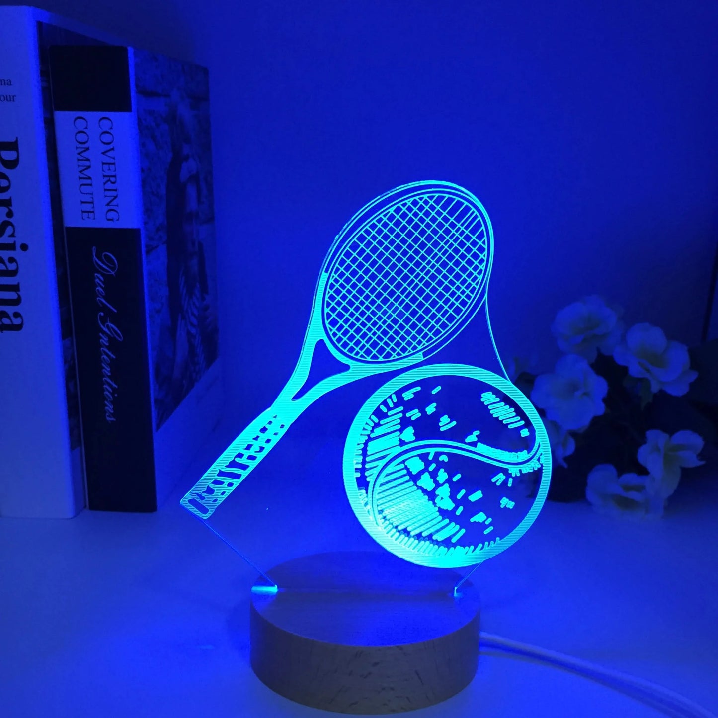 Wooden 3D LED Tennis Night Light, 7 Colors USB Table Lamp, Gift for Fans