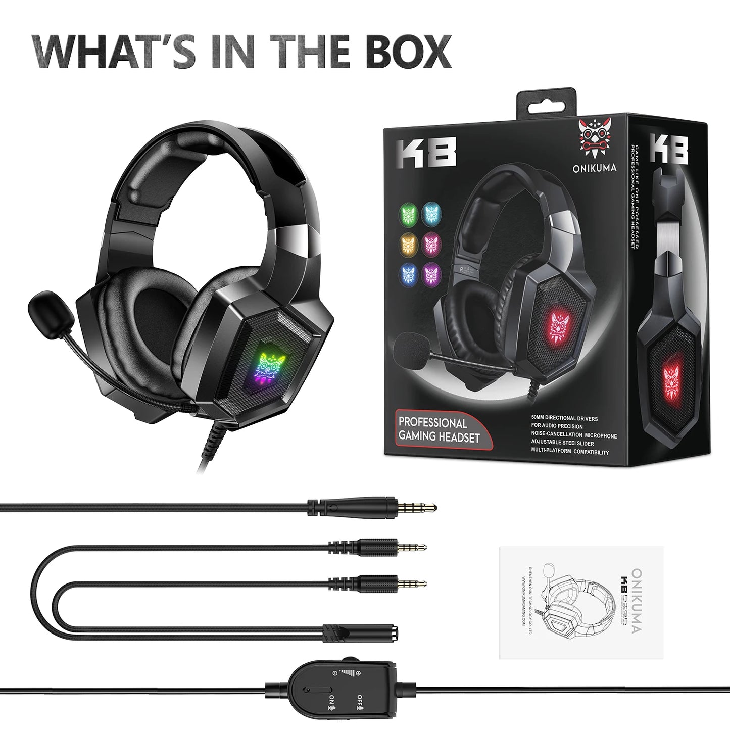 ONIKUMA K8 RGB Gaming Headset – Surround Sound Wired Headphones with Mic