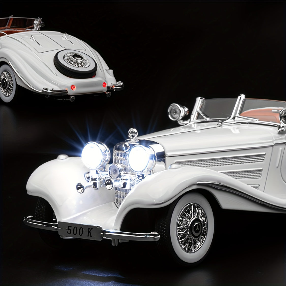 1:24 500K Vintage Convertible - Diecast Metal Car w/ Sound & Lights
