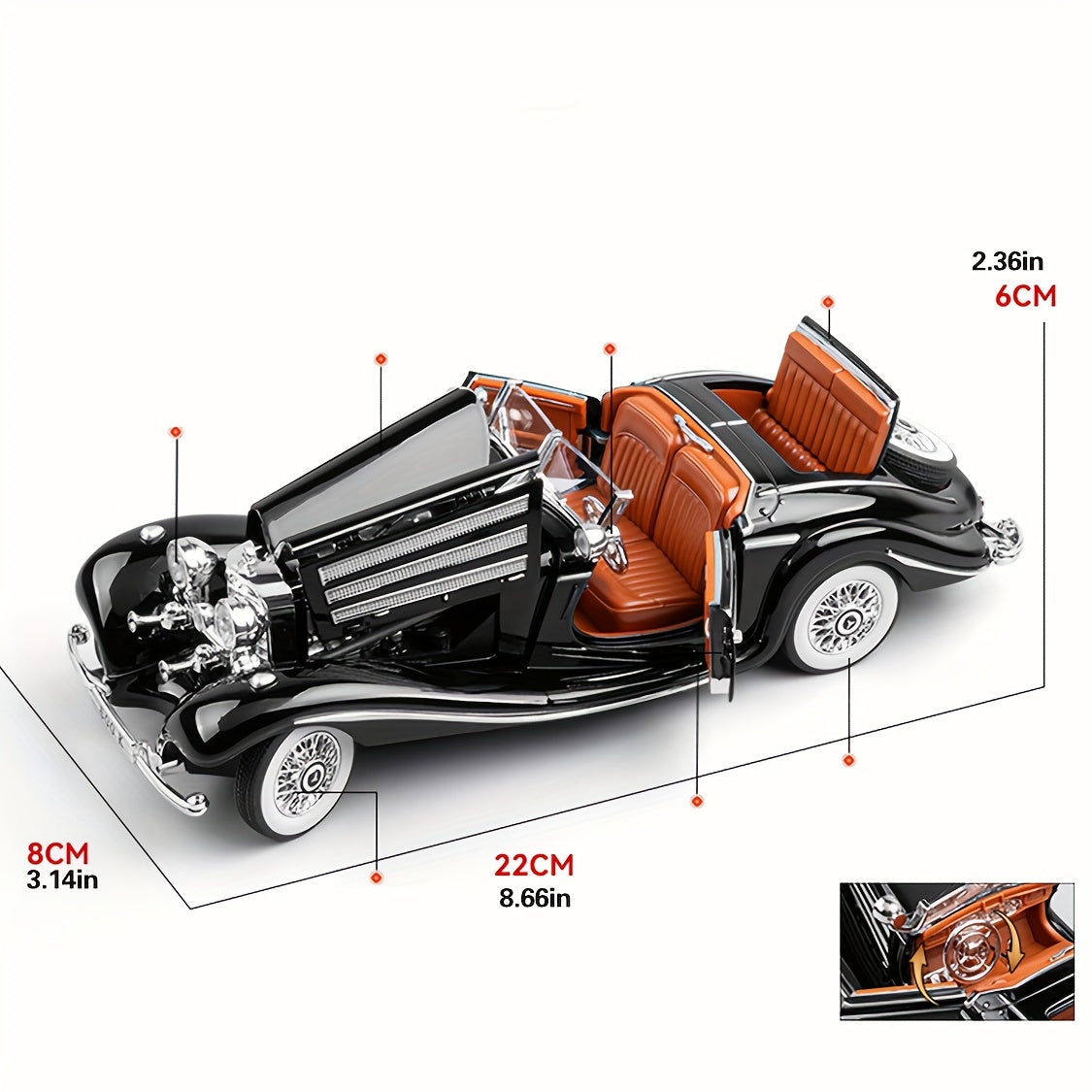 1:24 500K Vintage Convertible - Diecast Metal Car w/ Sound & Lights