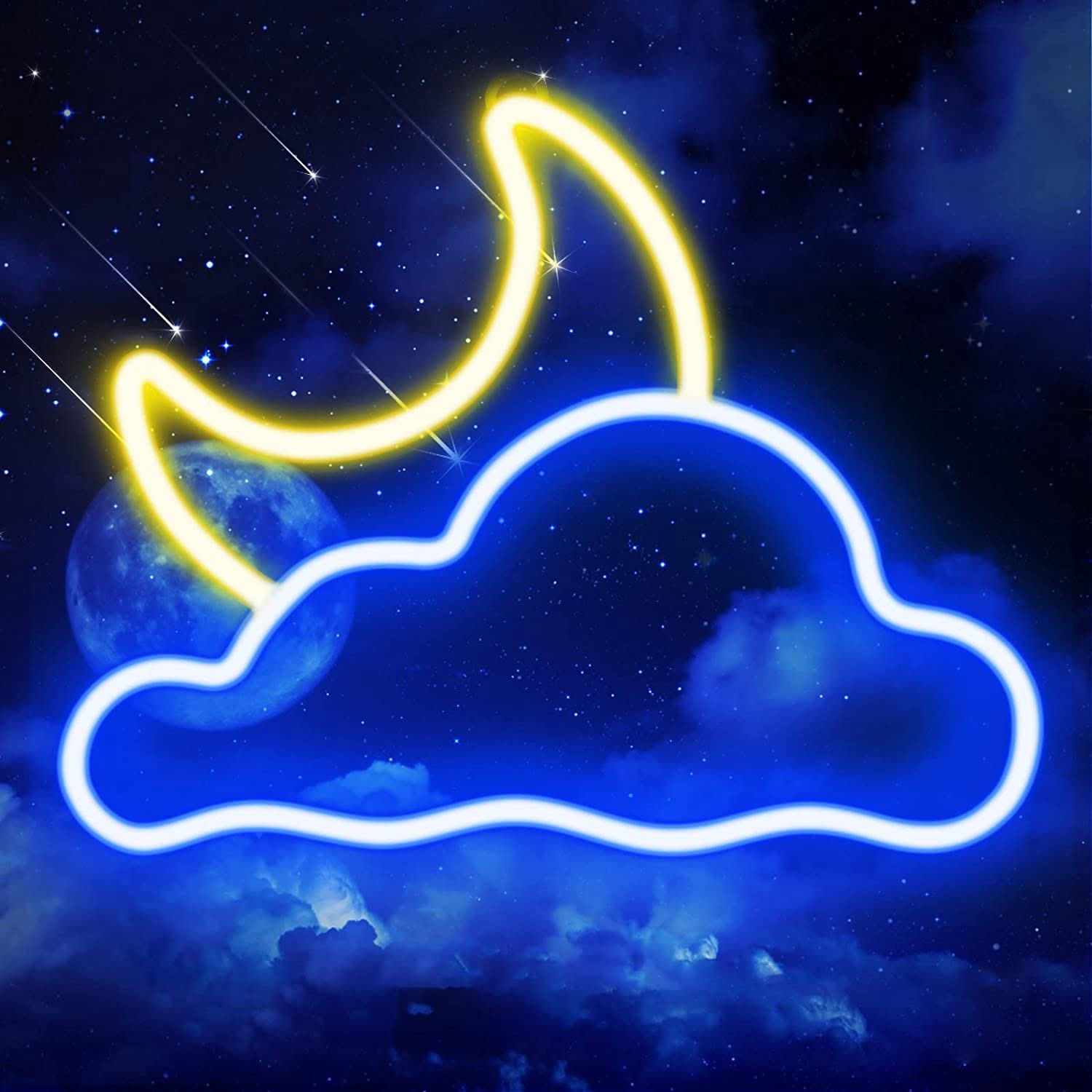 Cloud & Moon LED Neon Sign – USB Wall Light for Bedroom or Nursery Decor