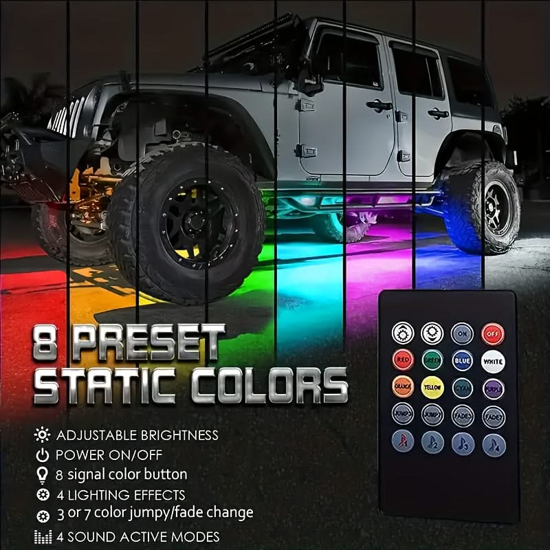 4pcs RGB Car Underglow Lights – 8-Color Music Sync LED Strips for Vehicles