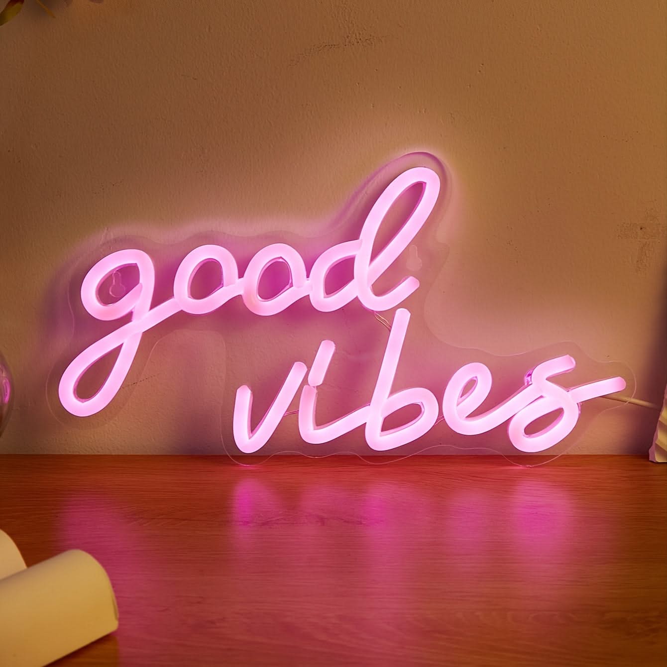 Good Vibes LED Neon Sign – Pink USB Wall Light in Cursive for Bedroom Decor