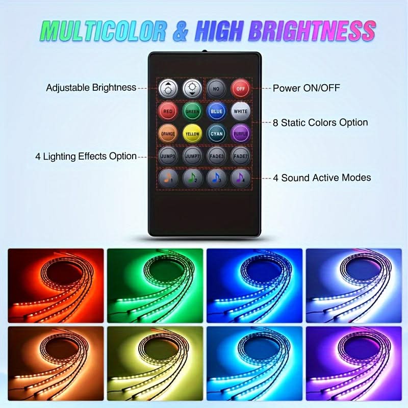 4pcs RGB Car Underglow Lights – 8-Color Music Sync LED Strips for Vehicles