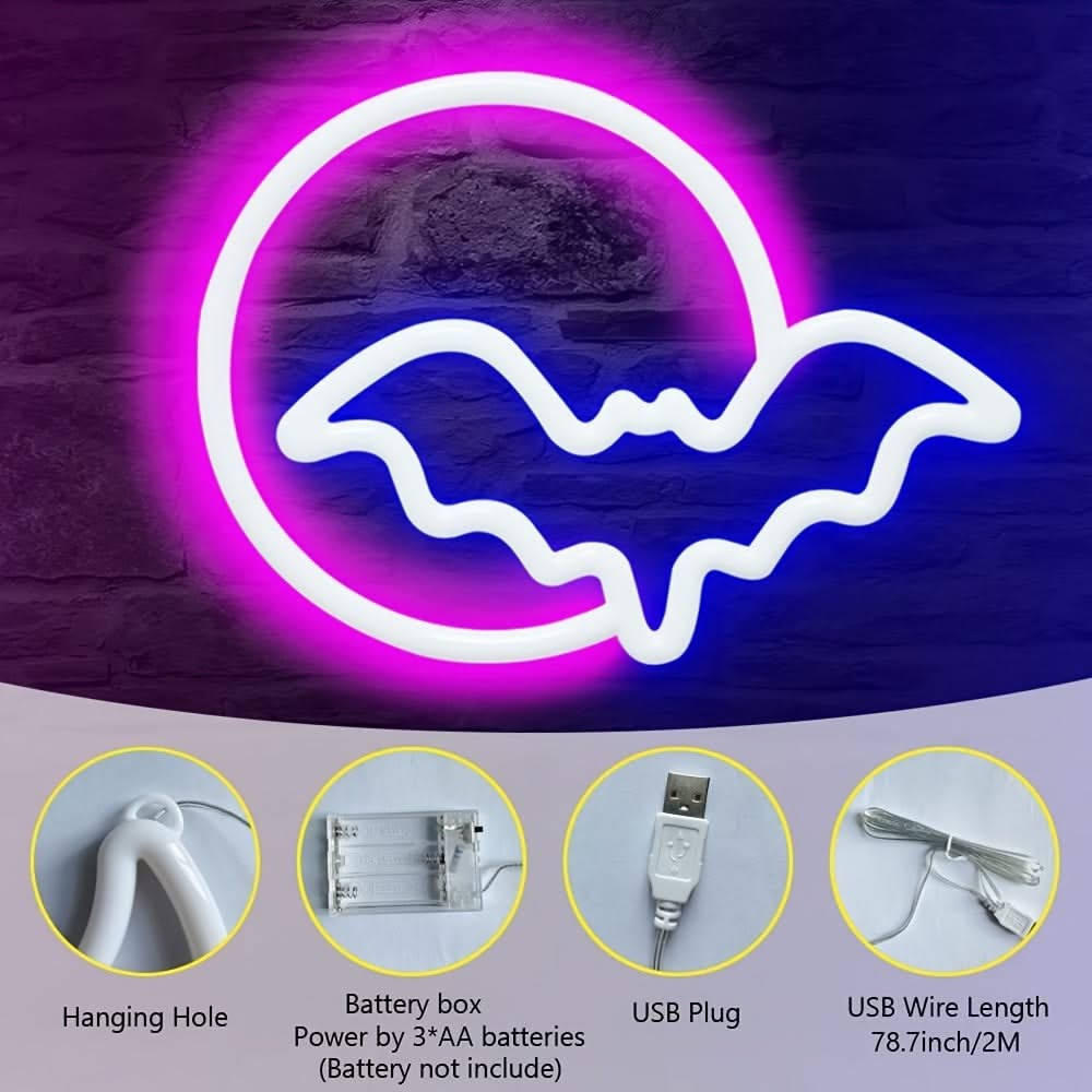 Moon & Bat LED Neon Sign – USB/Battery Powered Wall Light for Halloween & Parties