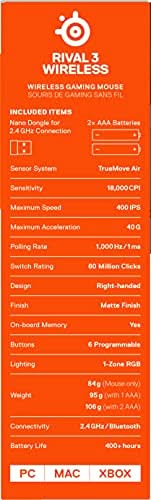 SteelSeries Rival 3 Wireless Gaming Mouse, 400+ Hours, Dual Wireless, Black