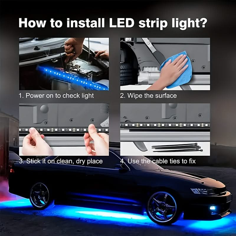 4pcs RGB Car Underglow Lights – 8-Color Music Sync LED Strips for Vehicles