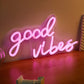 Good Vibes LED Neon Sign – Pink USB Wall Light in Cursive for Bedroom Decor