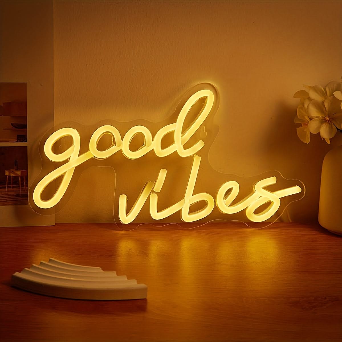 Good Vibes LED Neon Sign – Pink USB Wall Light in Cursive for Bedroom Decor