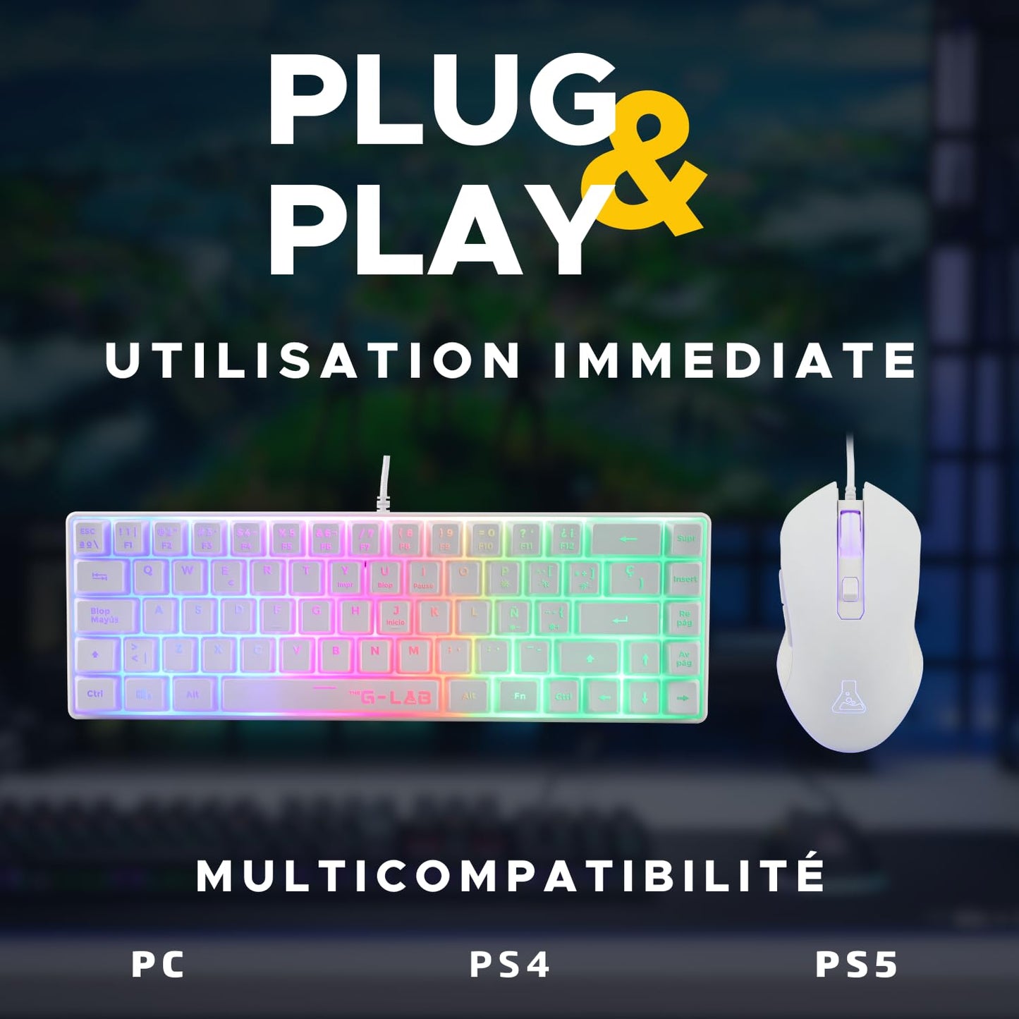 G-Lab Hydrogen Pack – Compact RGB Keyboard + 6200 DPI Mouse, White