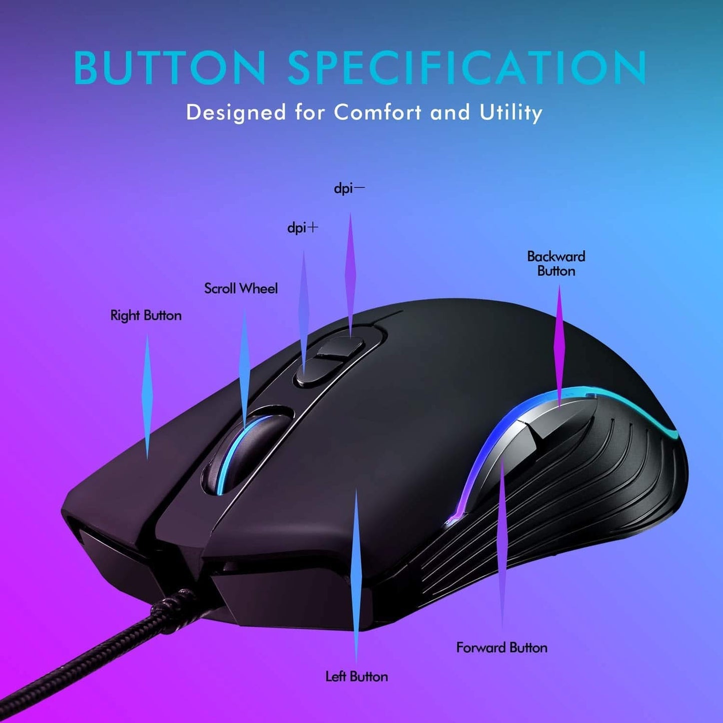 LYCANDER Wired Optical Mouse, 6400 DPI, 7 Buttons, LED, 1.5m Cable