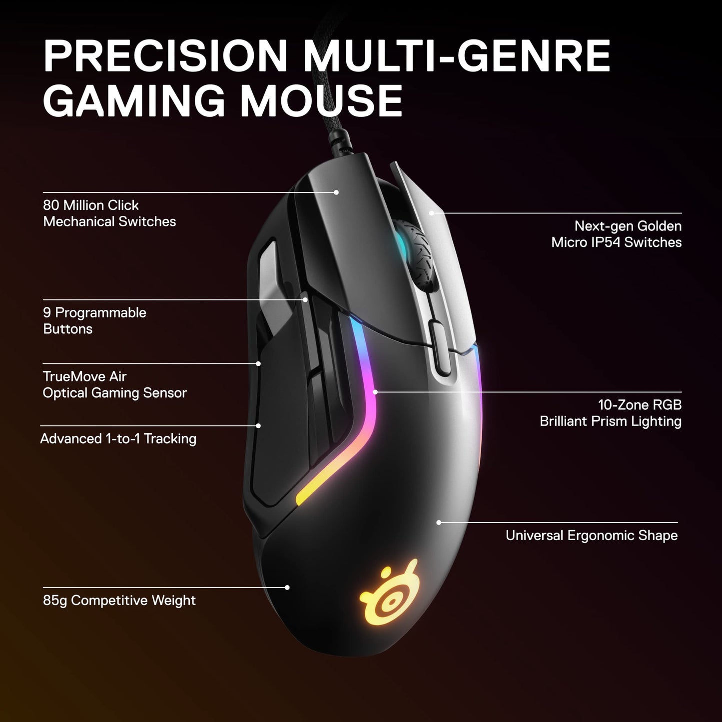 SteelSeries Rival 5 Gaming Mouse, 18K CPI, 9 Buttons, 85g, Black