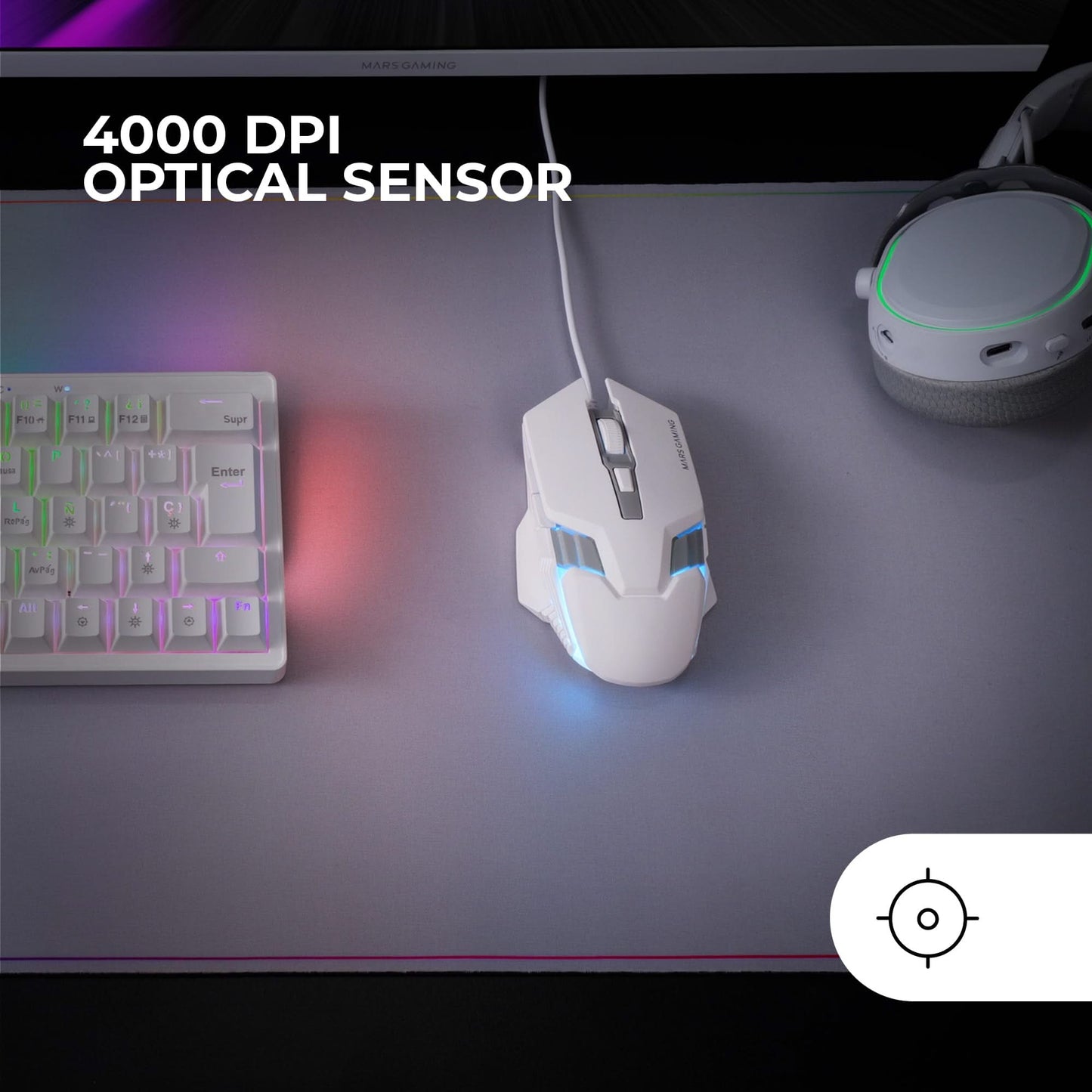 Mars Gaming MM024 RGB Gaming Mouse, 4000 DPI, Huano Switches, White