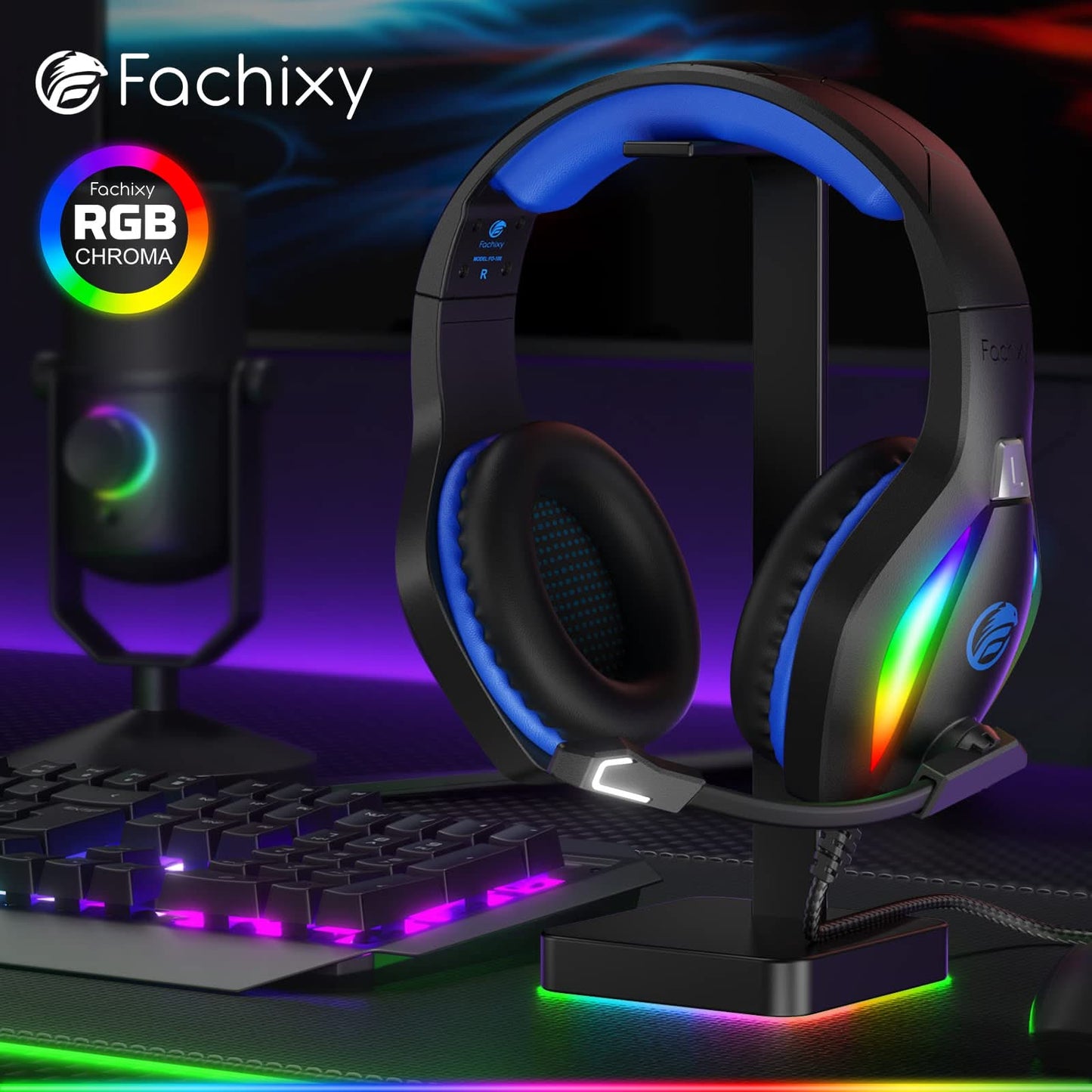 Fachixy FC100 - Multi-Platform Gaming Headset w/RGB & Mic, Blue