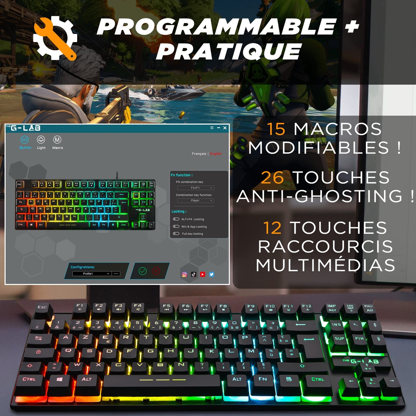 G-Lab Keyz Caesium TKL Clavier Gamer AZERTY, RGB, 87 Touches – Noir
