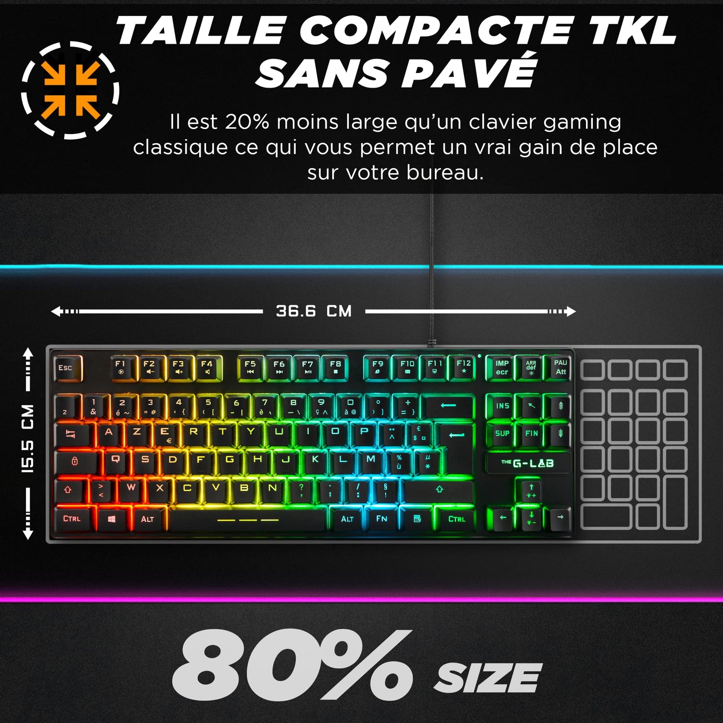 G-Lab Keyz Caesium TKL Clavier Gamer AZERTY, RGB, 87 Touches – Noir