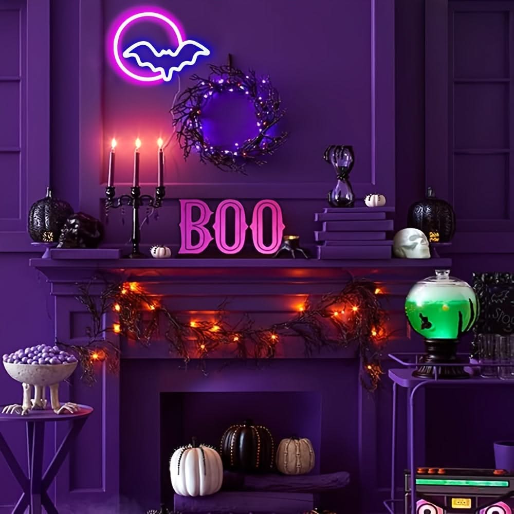 Moon & Bat LED Neon Sign – USB/Battery Powered Wall Light for Halloween & Parties