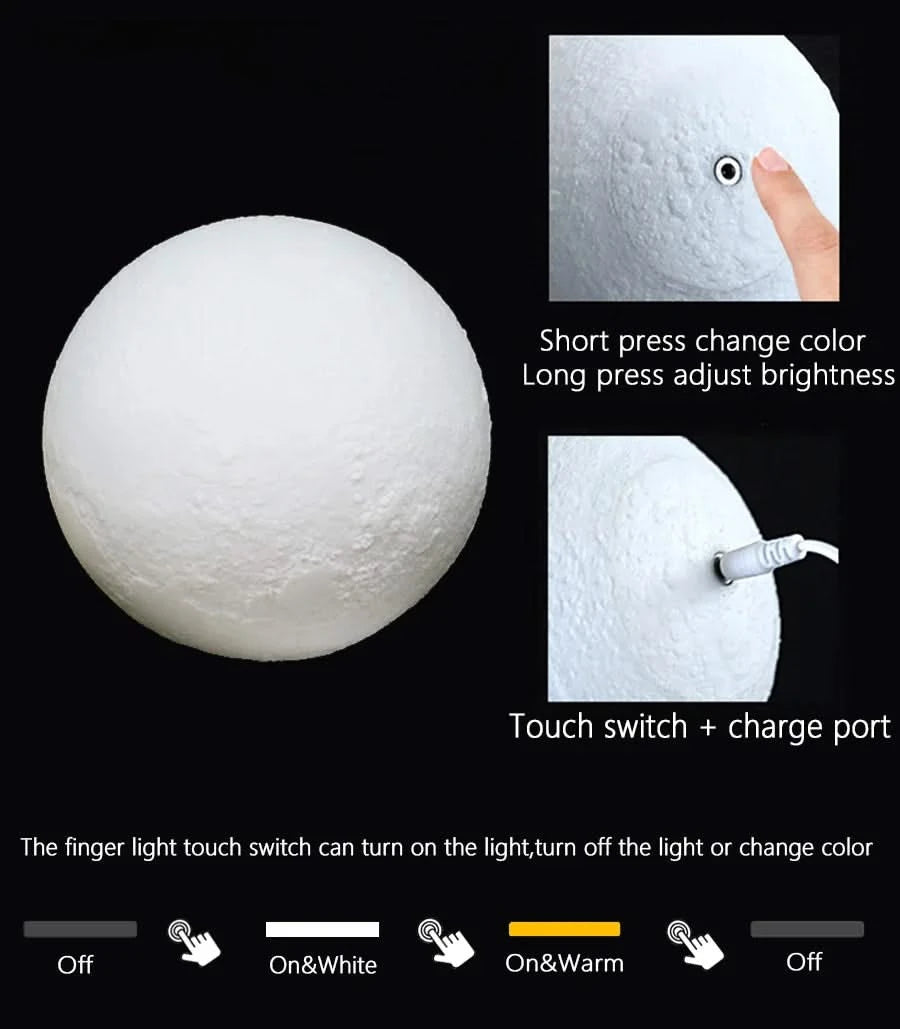 3D Moon & Star LED Touch Night Light – Rechargeable Colorful Lamp for Kids