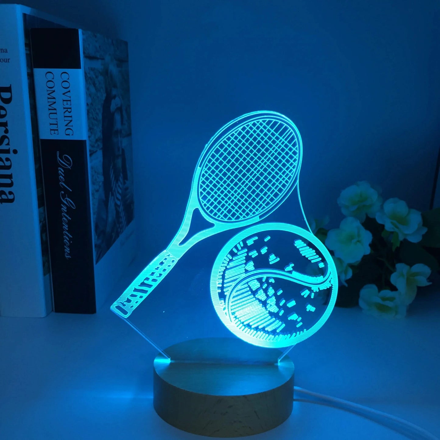 Wooden 3D LED Tennis Night Light, 7 Colors USB Table Lamp, Gift for Fans