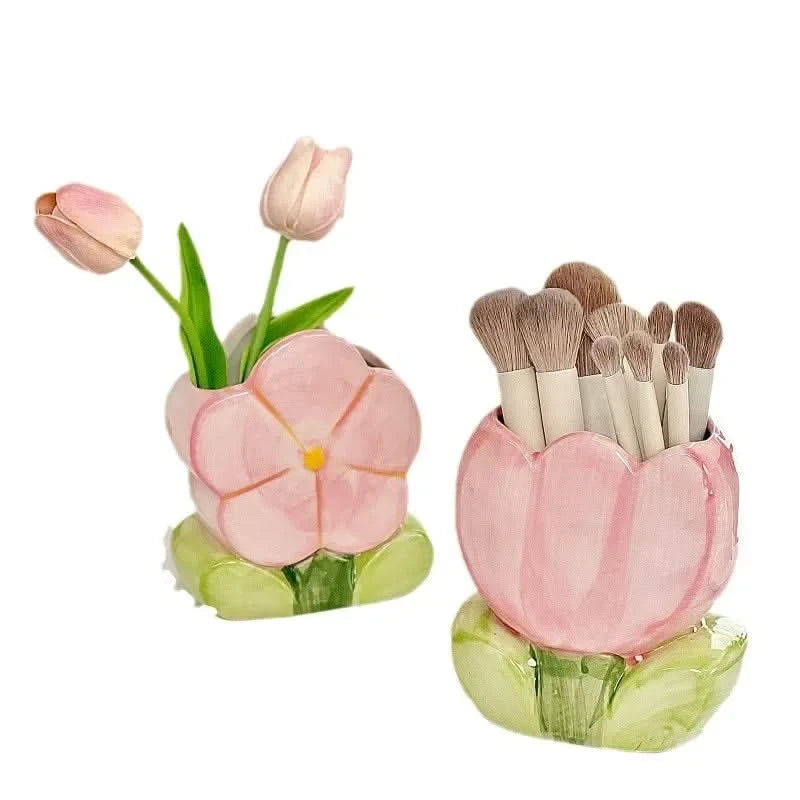 Flower Pen Holder Ceramic Desktop Storage Box, Cute Girl Desk Decor