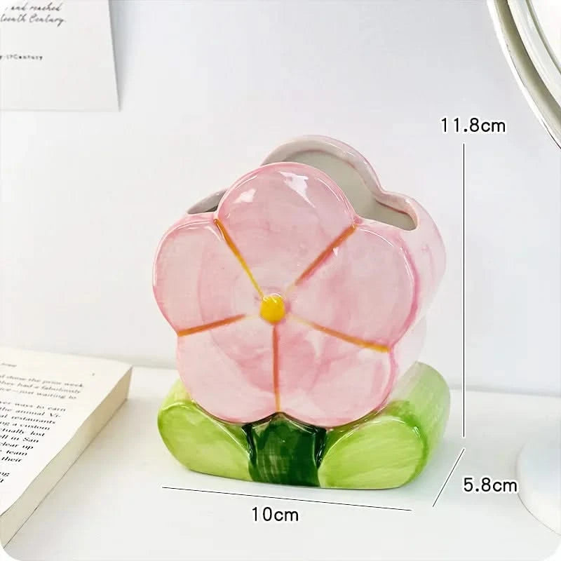 Flower Pen Holder Ceramic Desktop Storage Box, Cute Girl Desk Decor