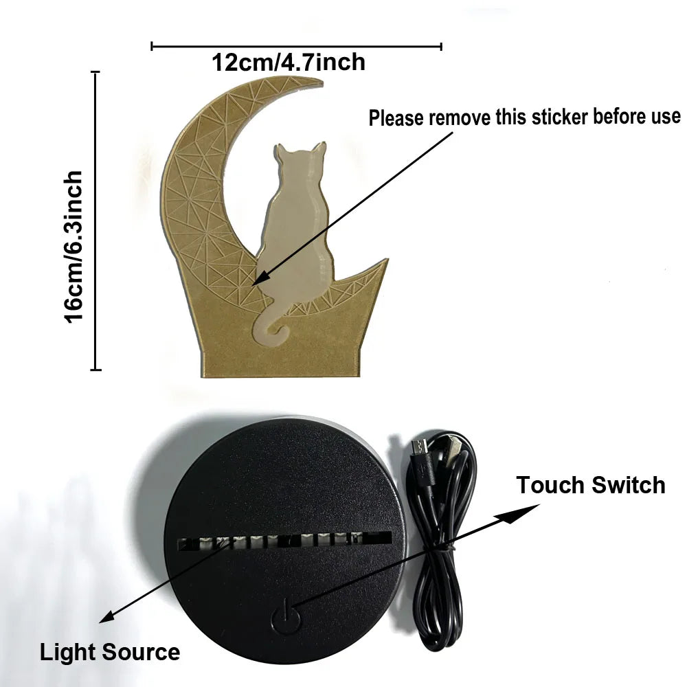 Moon Cat 3D Night Light, 7-Color Changing Optical Illusion Lamp for Bedroom