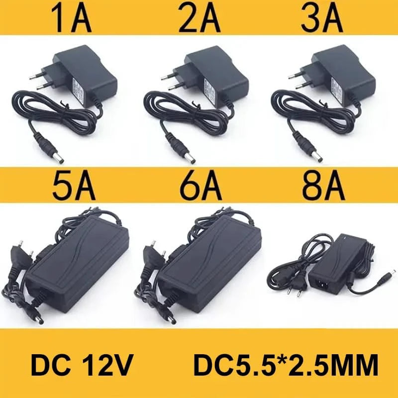 Universal 12V Power Adapter – 1A to 8A Charger for LED Lights and CCTV