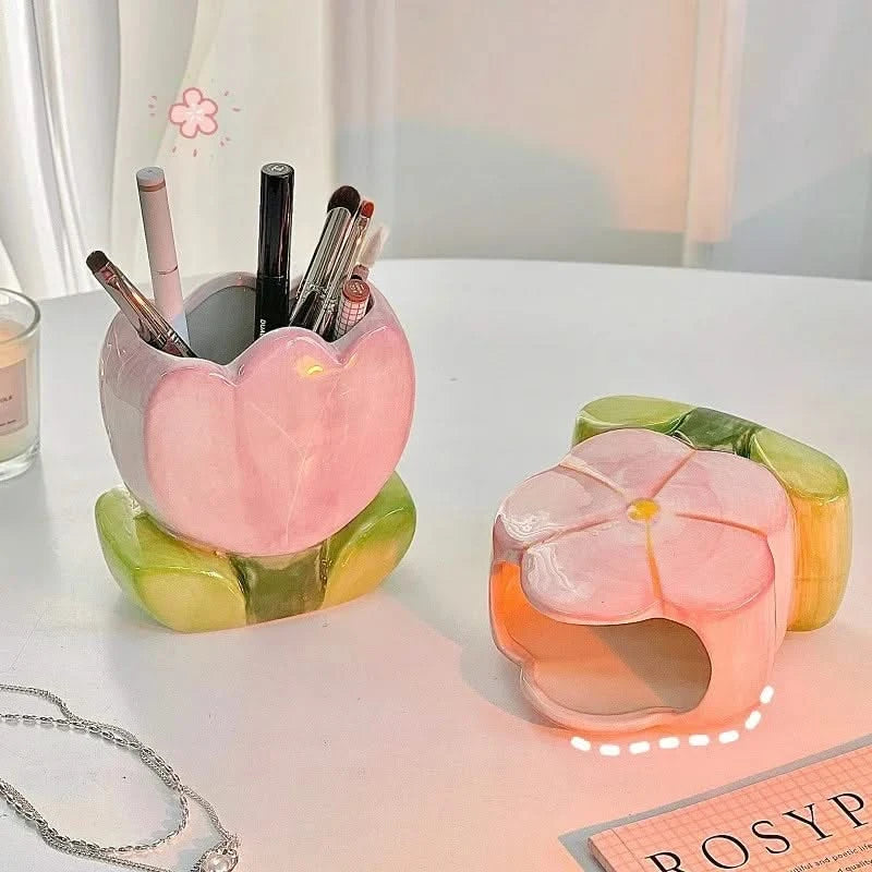 Flower Pen Holder Ceramic Desktop Storage Box, Cute Girl Desk Decor