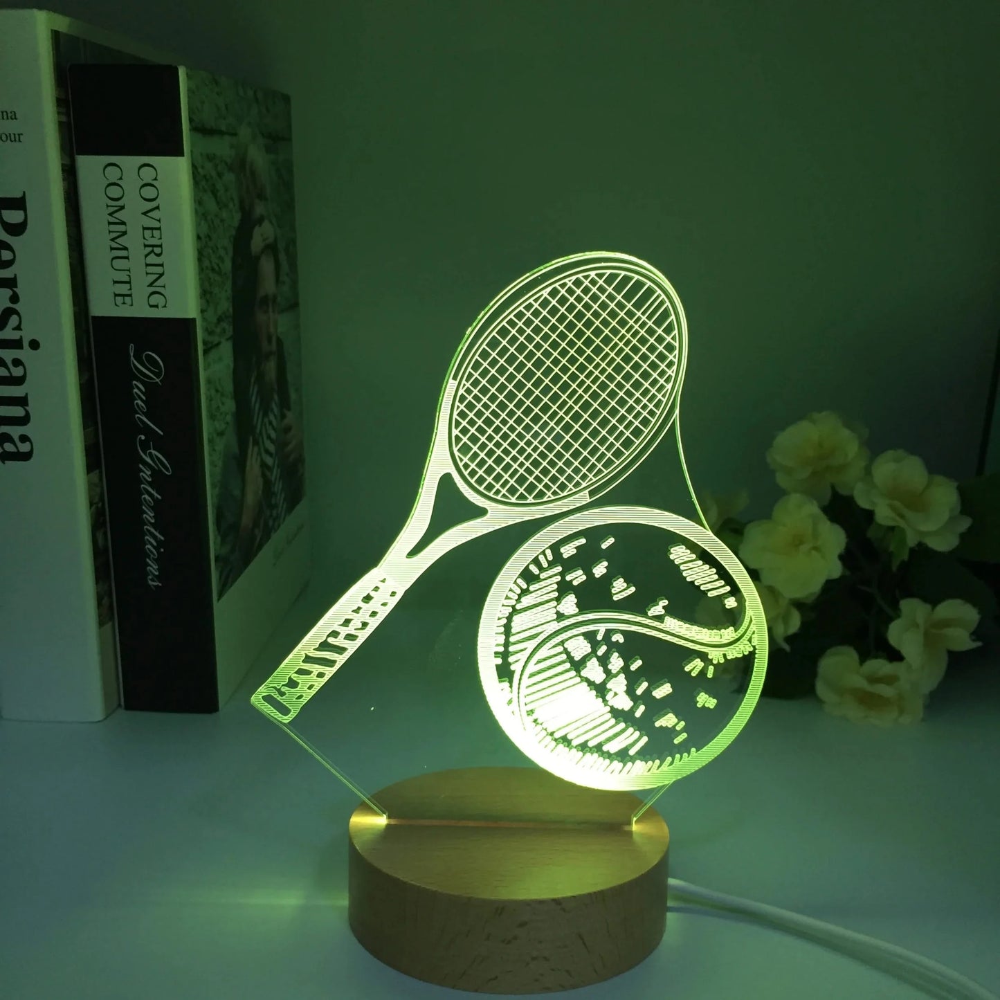 Wooden 3D LED Tennis Night Light, 7 Colors USB Table Lamp, Gift for Fans