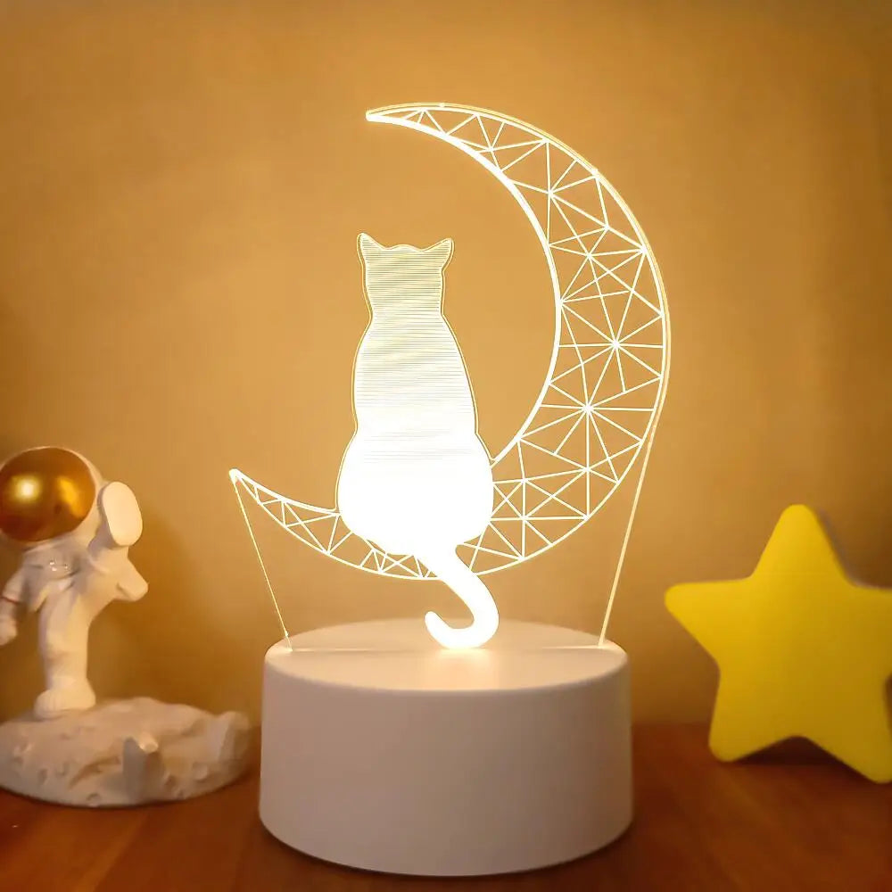 Moon Cat 3D Night Light, 7-Color Changing Optical Illusion Lamp for Bedroom