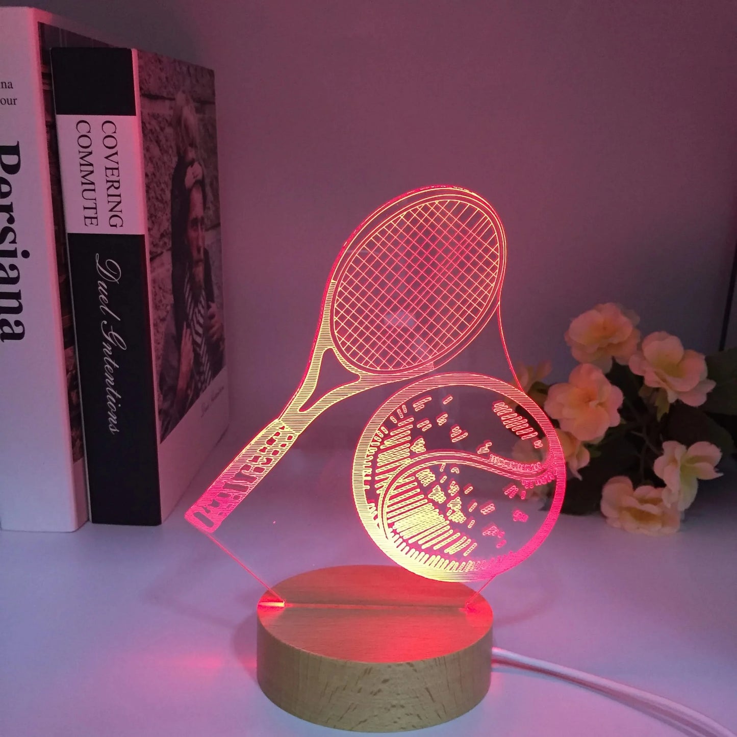 Wooden 3D LED Tennis Night Light, 7 Colors USB Table Lamp, Gift for Fans