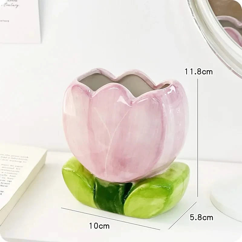 Flower Pen Holder Ceramic Desktop Storage Box, Cute Girl Desk Decor