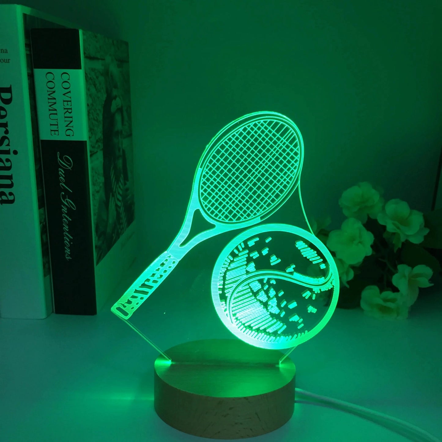 Wooden 3D LED Tennis Night Light, 7 Colors USB Table Lamp, Gift for Fans