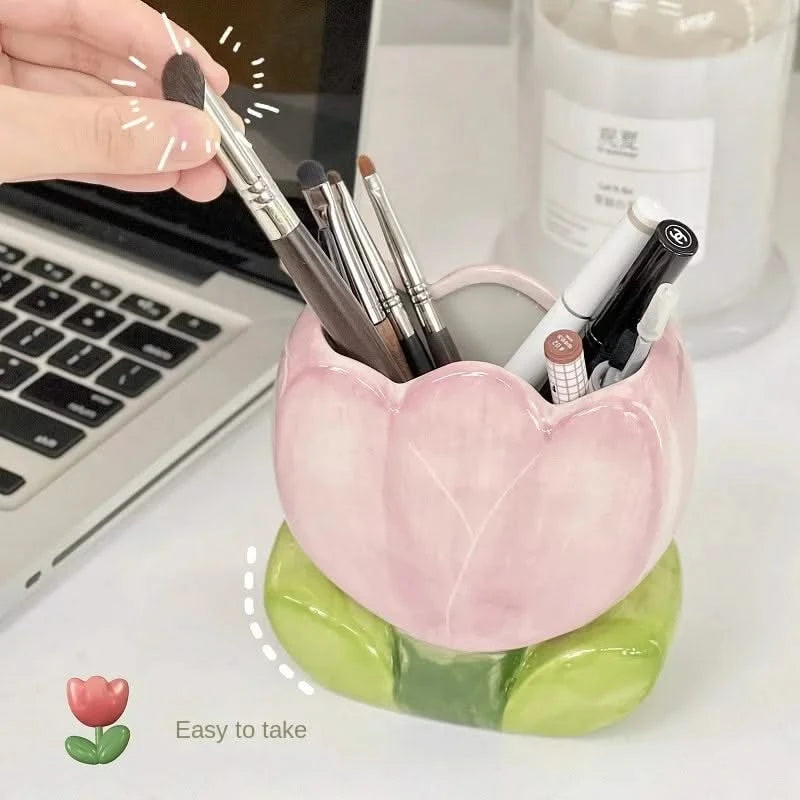 Flower Pen Holder Ceramic Desktop Storage Box, Cute Girl Desk Decor