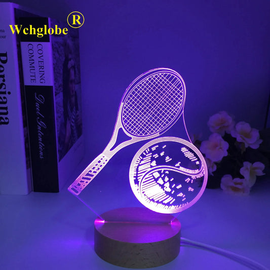 Wooden 3D LED Tennis Night Light, 7 Colors USB Table Lamp, Gift for Fans