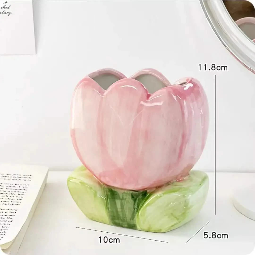Flower Pen Holder Ceramic Desktop Storage Box, Cute Girl Desk Decor