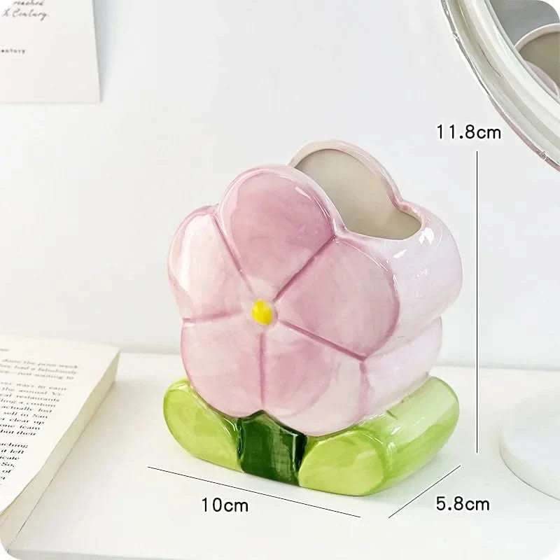 Flower Pen Holder Ceramic Desktop Storage Box, Cute Girl Desk Decor