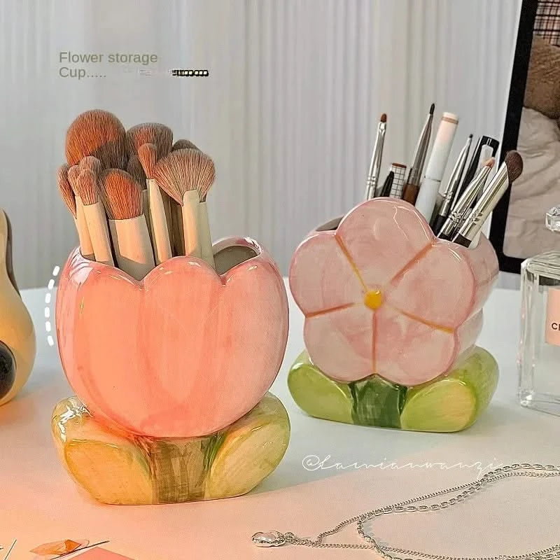 Flower Pen Holder Ceramic Desktop Storage Box, Cute Girl Desk Decor